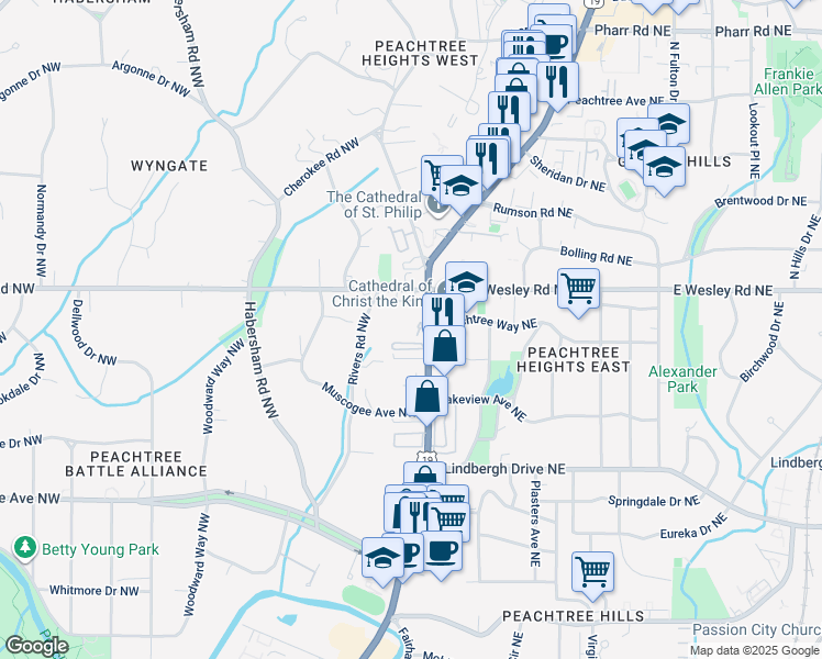 map of restaurants, bars, coffee shops, grocery stores, and more near 2660 Peachtree Road Northwest in Atlanta