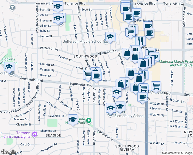 map of restaurants, bars, coffee shops, grocery stores, and more near 22036 Anza Avenue in Torrance