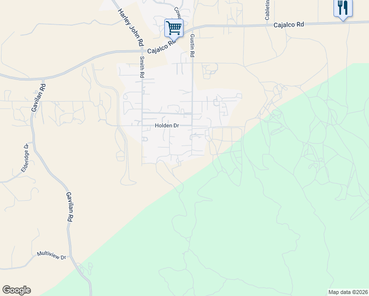 map of restaurants, bars, coffee shops, grocery stores, and more near 20095 Gustin Road in Perris