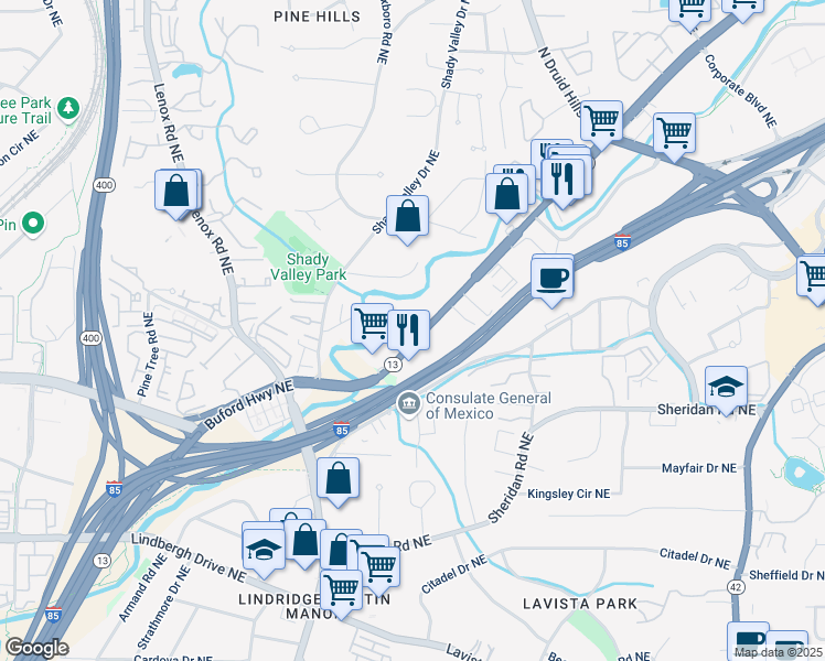 map of restaurants, bars, coffee shops, grocery stores, and more near 2665 Rivers Edge Drive Northeast in Atlanta