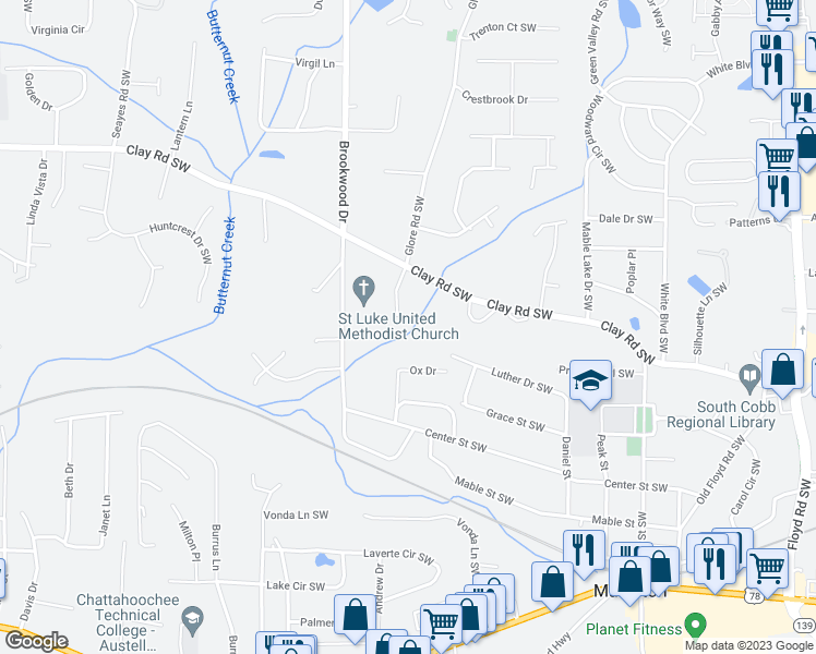map of restaurants, bars, coffee shops, grocery stores, and more near 5109 Glore Road Southwest in Mableton