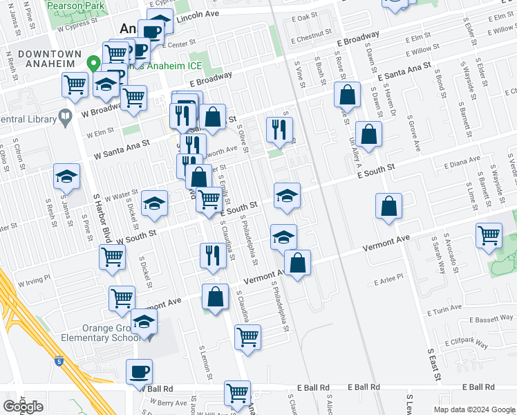 map of restaurants, bars, coffee shops, grocery stores, and more near 324 East South Street in Anaheim