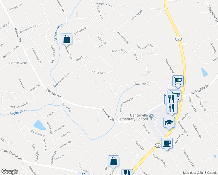 map of restaurants, bars, coffee shops, grocery stores, and more near 2838 Cordite Loop in Snellville