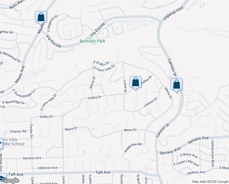 map of restaurants, bars, coffee shops, grocery stores, and more near 18941 Valley Drive in Villa Park