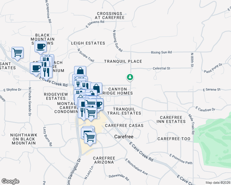 map of restaurants, bars, coffee shops, grocery stores, and more near 7450 East Sundance Trail in Cave Creek