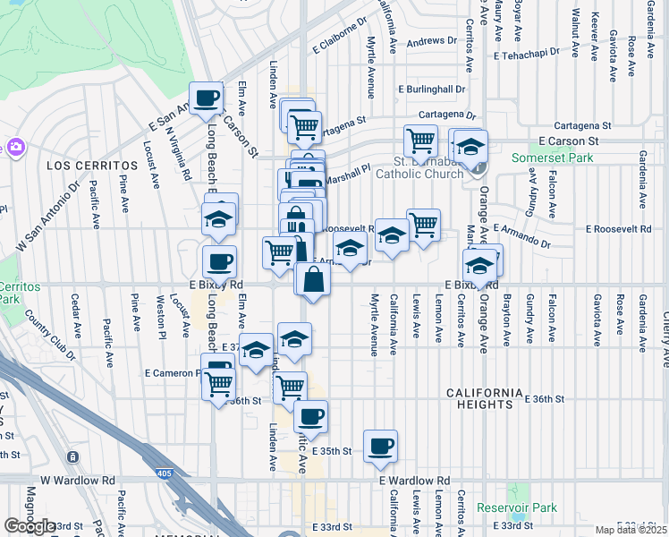 map of restaurants, bars, coffee shops, grocery stores, and more near 3834 Lime Avenue in Long Beach