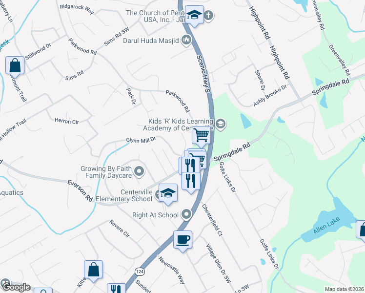 map of restaurants, bars, coffee shops, grocery stores, and more near 2945 Glynn Mill Court in Snellville