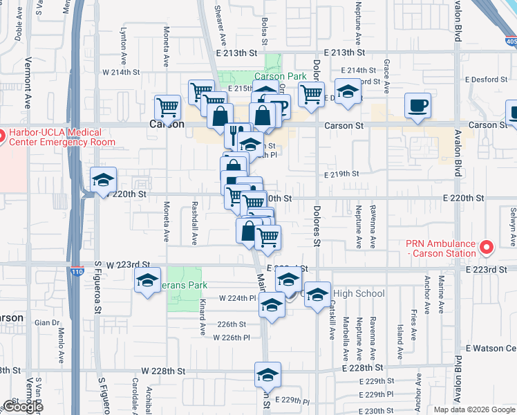 map of restaurants, bars, coffee shops, grocery stores, and more near in Carson