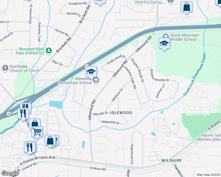 map of restaurants, bars, coffee shops, grocery stores, and more near 1519 Idlewood Rd in Tucker