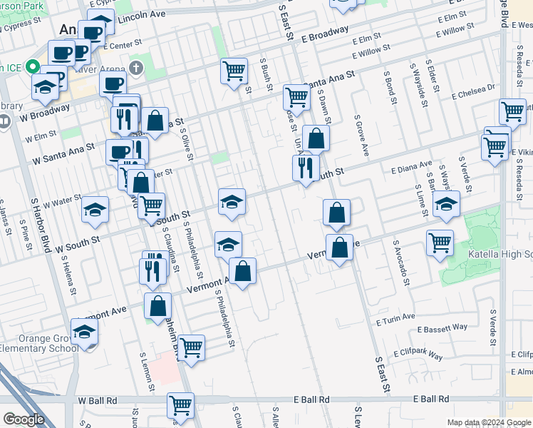 map of restaurants, bars, coffee shops, grocery stores, and more near 700 East Anaheim Street in Long Beach