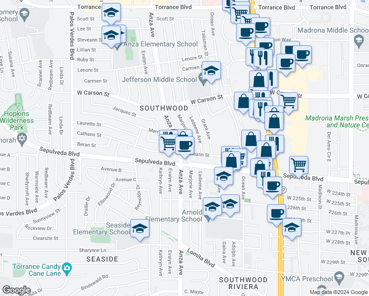 map of restaurants, bars, coffee shops, grocery stores, and more near 22036 Anza Avenue in Torrance