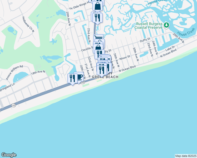 map of restaurants, bars, coffee shops, grocery stores, and more near in North Myrtle Beach