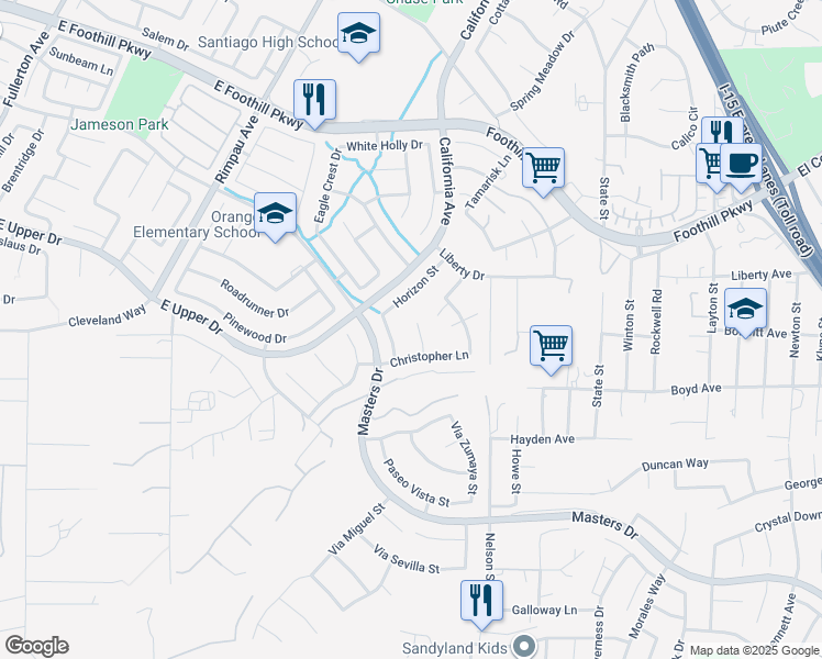 map of restaurants, bars, coffee shops, grocery stores, and more near 1610 Via Roma Circle in Corona
