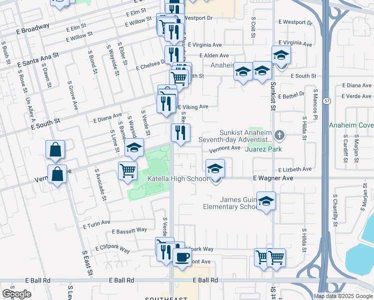 map of restaurants, bars, coffee shops, grocery stores, and more near 2104 East Vermont Avenue in Anaheim