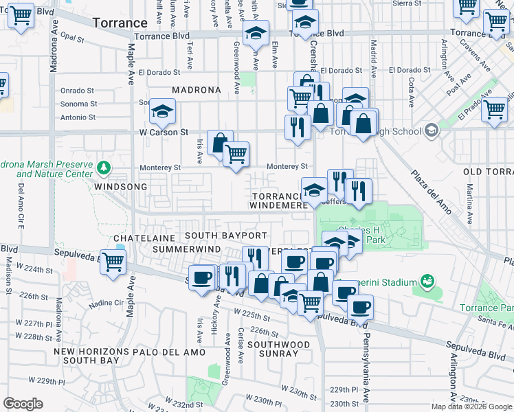 map of restaurants, bars, coffee shops, grocery stores, and more near 2615 Plaza del Amo in Torrance