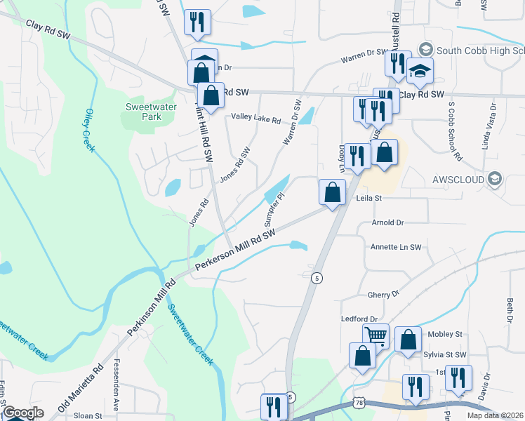 map of restaurants, bars, coffee shops, grocery stores, and more near 2259 Warren Drive Southwest in Austell