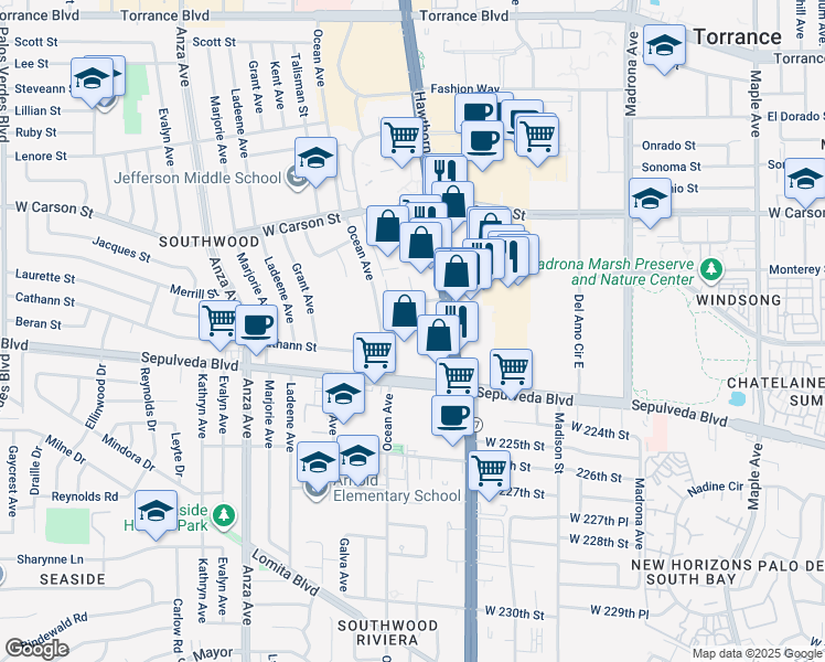 map of restaurants, bars, coffee shops, grocery stores, and more near 22025 Hawthorne Boulevard in Torrance