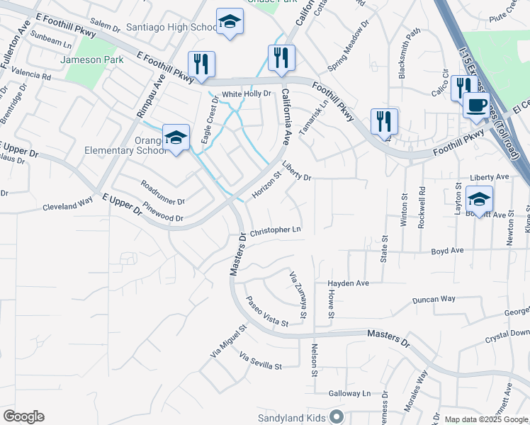 map of restaurants, bars, coffee shops, grocery stores, and more near 1610 Via Roma Circle in Corona