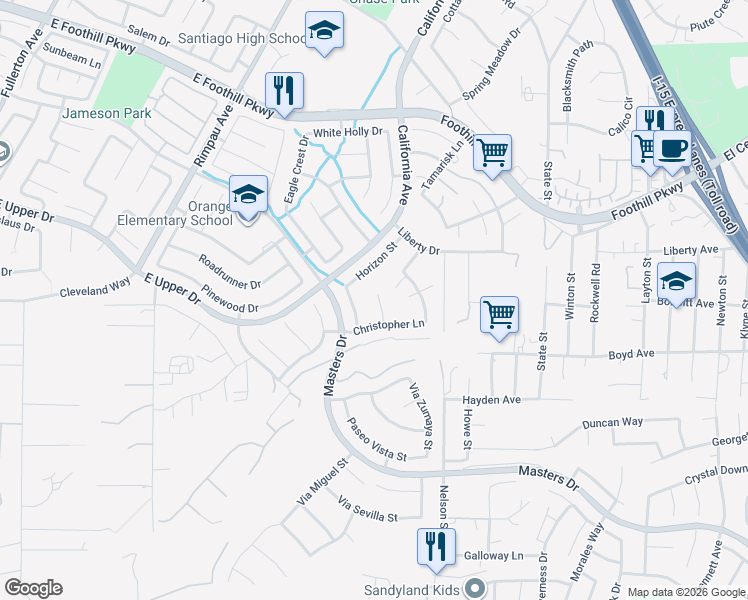 map of restaurants, bars, coffee shops, grocery stores, and more near 3445 Horizon Street in Corona