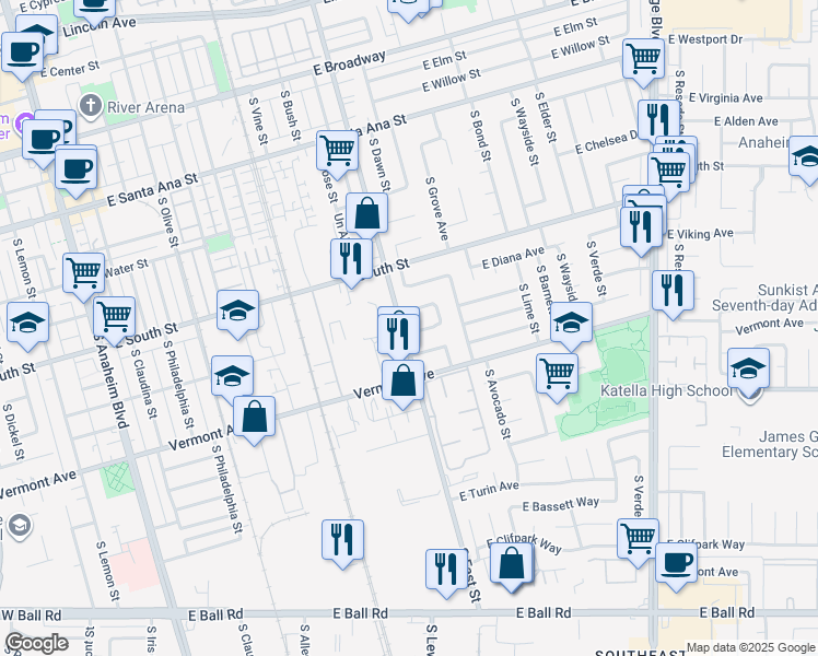 map of restaurants, bars, coffee shops, grocery stores, and more near 1218 East Opal Avenue in Anaheim