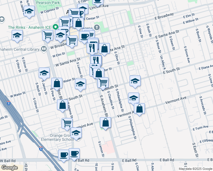 map of restaurants, bars, coffee shops, grocery stores, and more near 631 South Claudina Street in Anaheim