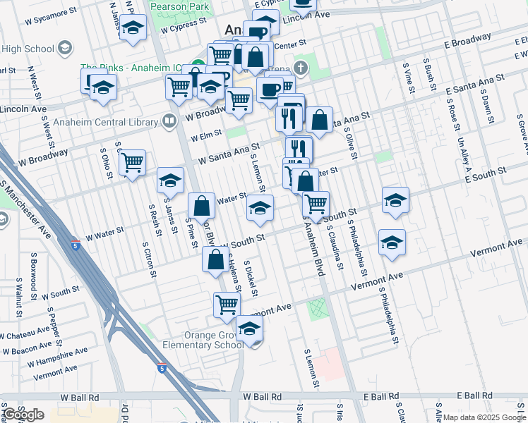 map of restaurants, bars, coffee shops, grocery stores, and more near 612 South Lemon Street in Anaheim