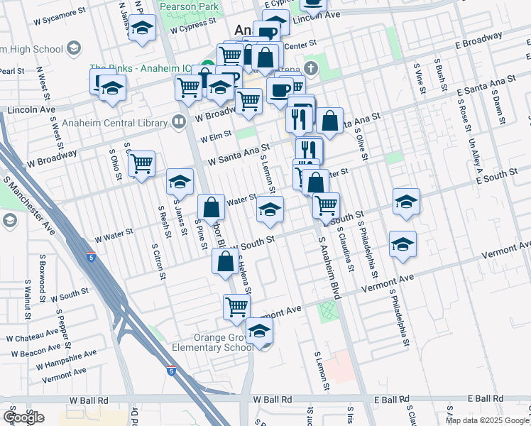 map of restaurants, bars, coffee shops, grocery stores, and more near 612 South Lemon Street in Anaheim