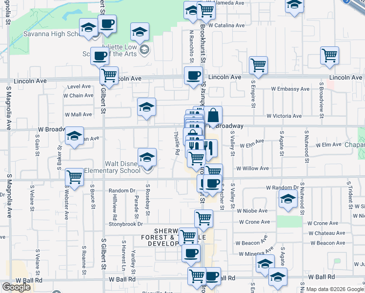 map of restaurants, bars, coffee shops, grocery stores, and more near 331 South Brookhurst Street in Anaheim