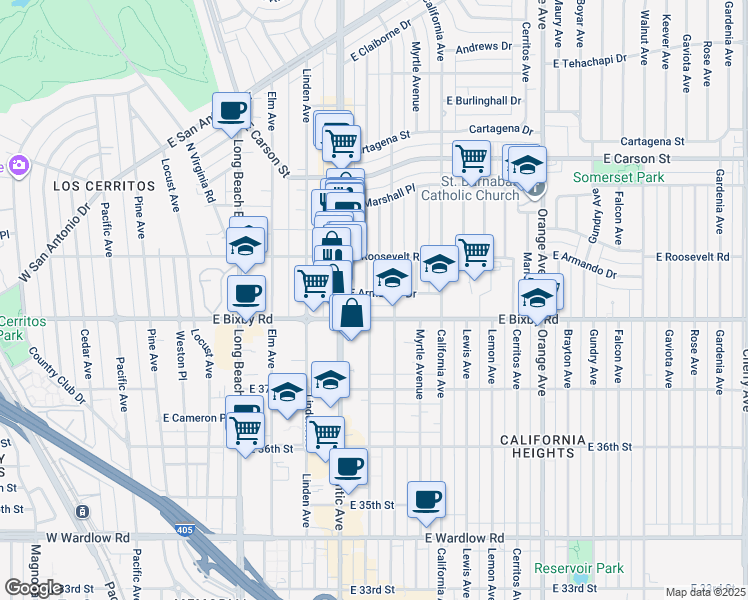 map of restaurants, bars, coffee shops, grocery stores, and more near 3834 Lime Avenue in Long Beach