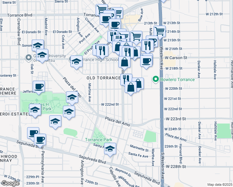 map of restaurants, bars, coffee shops, grocery stores, and more near 1928 Andreo Avenue in Torrance