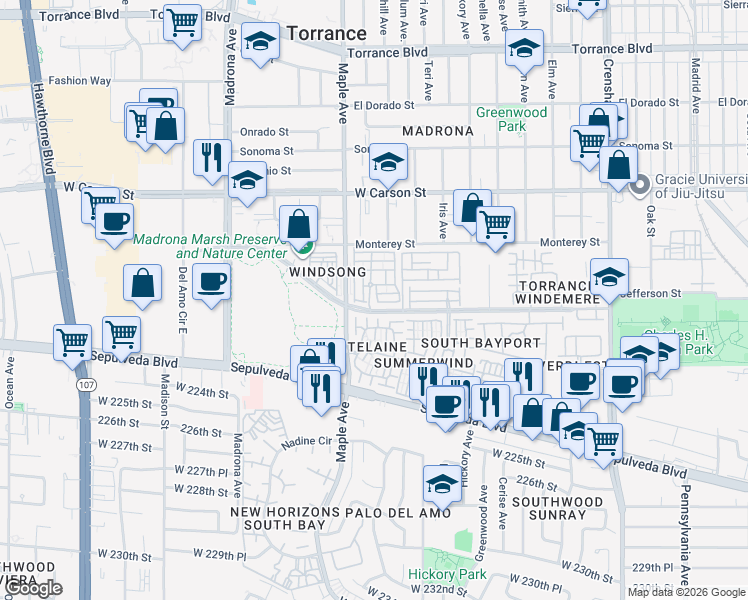 map of restaurants, bars, coffee shops, grocery stores, and more near 2889 Plaza del Amo in Torrance