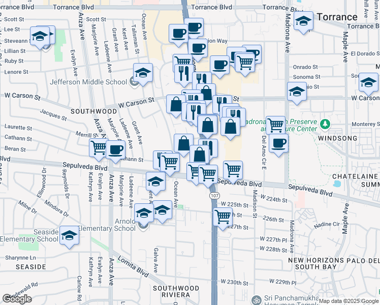 map of restaurants, bars, coffee shops, grocery stores, and more near in Torrance