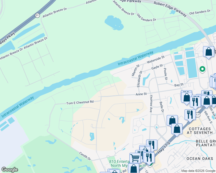 map of restaurants, bars, coffee shops, grocery stores, and more near 1025 Ridgewood Drive in North Myrtle Beach