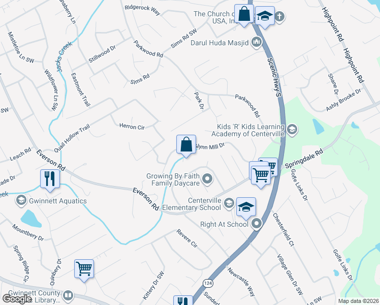 map of restaurants, bars, coffee shops, grocery stores, and more near 3172 Glynn Mill Drive in Snellville