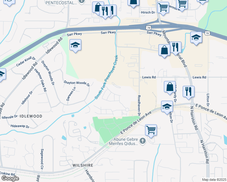 map of restaurants, bars, coffee shops, grocery stores, and more near 4422 Richmond Court in Stone Mountain