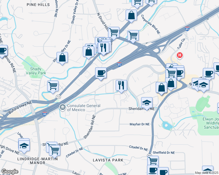map of restaurants, bars, coffee shops, grocery stores, and more near in Brookhaven