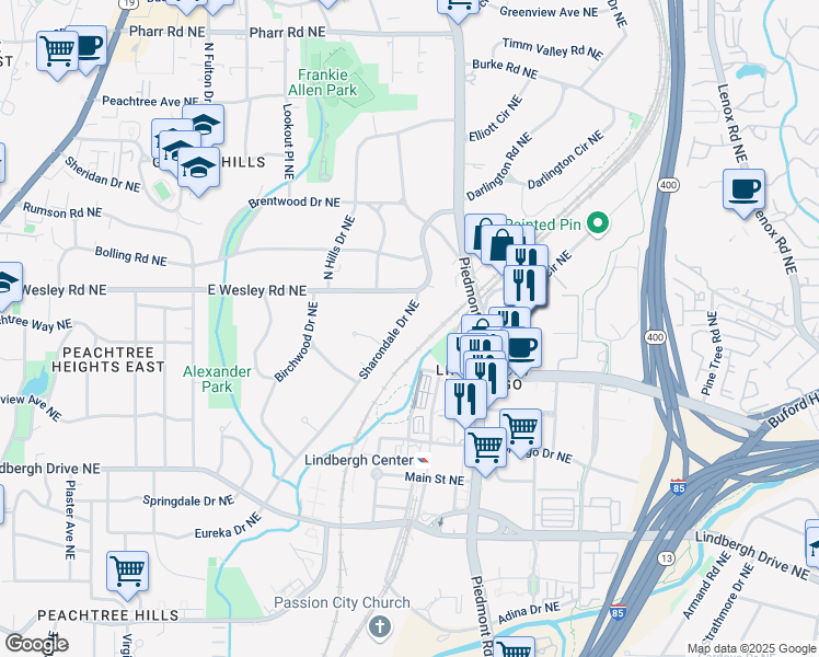 map of restaurants, bars, coffee shops, grocery stores, and more near 2677 Sharondale Drive Northeast in Atlanta