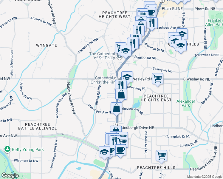 map of restaurants, bars, coffee shops, grocery stores, and more near 52 West Wesley Road Northwest in Atlanta