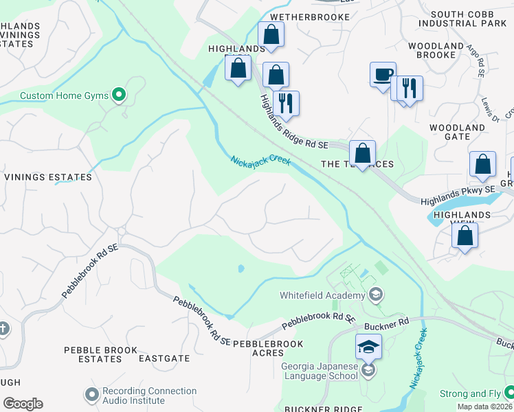 map of restaurants, bars, coffee shops, grocery stores, and more near 5116 Parkwood Oaks Lane in Mableton