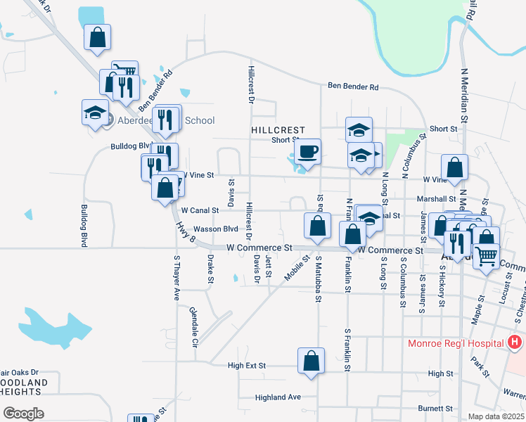 map of restaurants, bars, coffee shops, grocery stores, and more near 308 Hillcrest Drive in Aberdeen