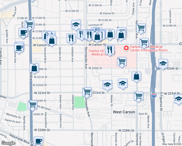 map of restaurants, bars, coffee shops, grocery stores, and more near 22025 Mariposa Avenue in Torrance