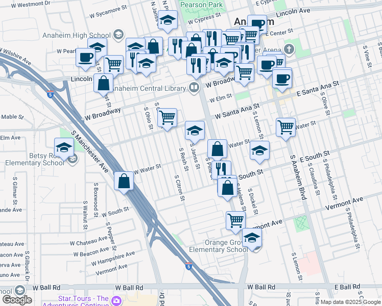 map of restaurants, bars, coffee shops, grocery stores, and more near 539 South Janss Street in Anaheim