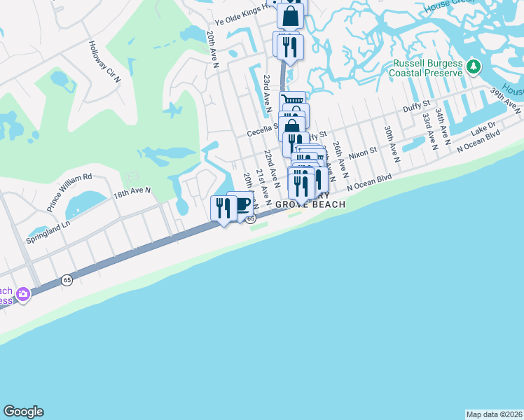map of restaurants, bars, coffee shops, grocery stores, and more near 214 20th Avenue North in North Myrtle Beach