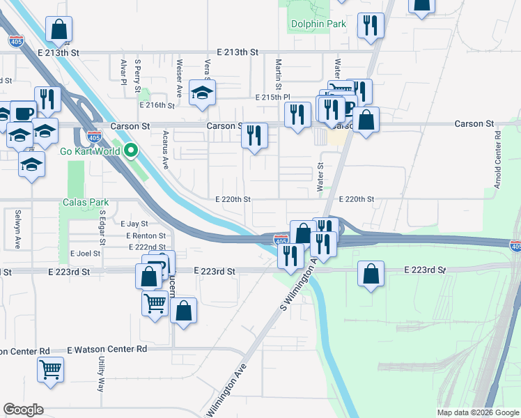 map of restaurants, bars, coffee shops, grocery stores, and more near 1511 East Abri Street in Carson