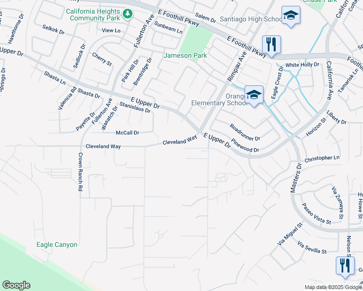 map of restaurants, bars, coffee shops, grocery stores, and more near 1180 Cleveland Way in Corona