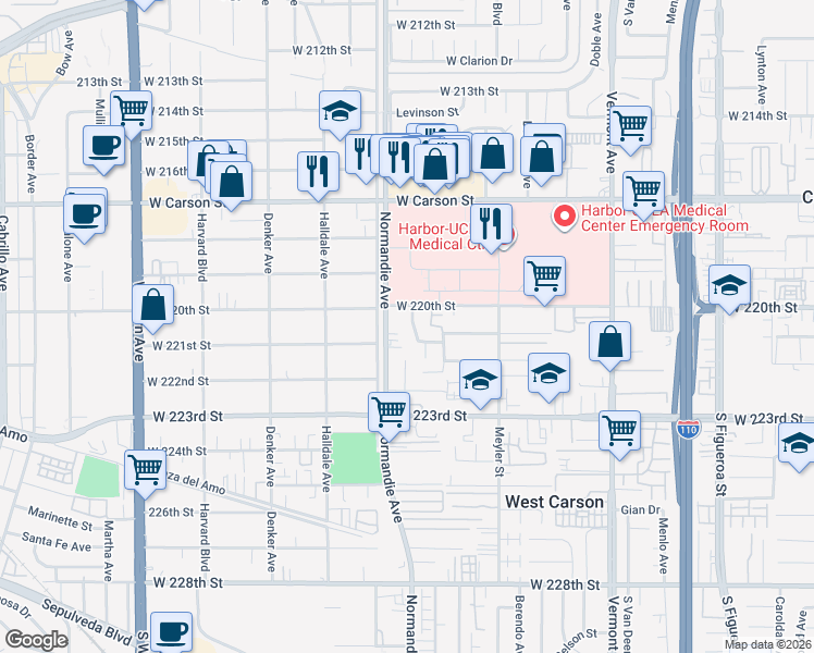 map of restaurants, bars, coffee shops, grocery stores, and more near 22025 Mariposa Avenue in Torrance