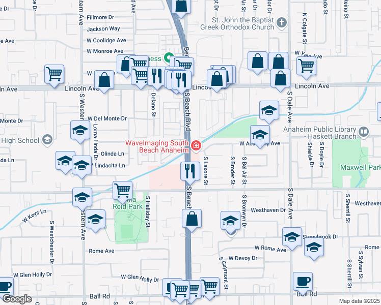 map of restaurants, bars, coffee shops, grocery stores, and more near 408 South Beach Boulevard in Anaheim