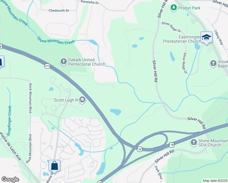 map of restaurants, bars, coffee shops, grocery stores, and more near 1540 Mountain Shadow Trail in Stone Mountain