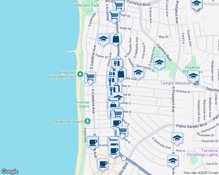 map of restaurants, bars, coffee shops, grocery stores, and more near 228 Avenue A in Redondo Beach