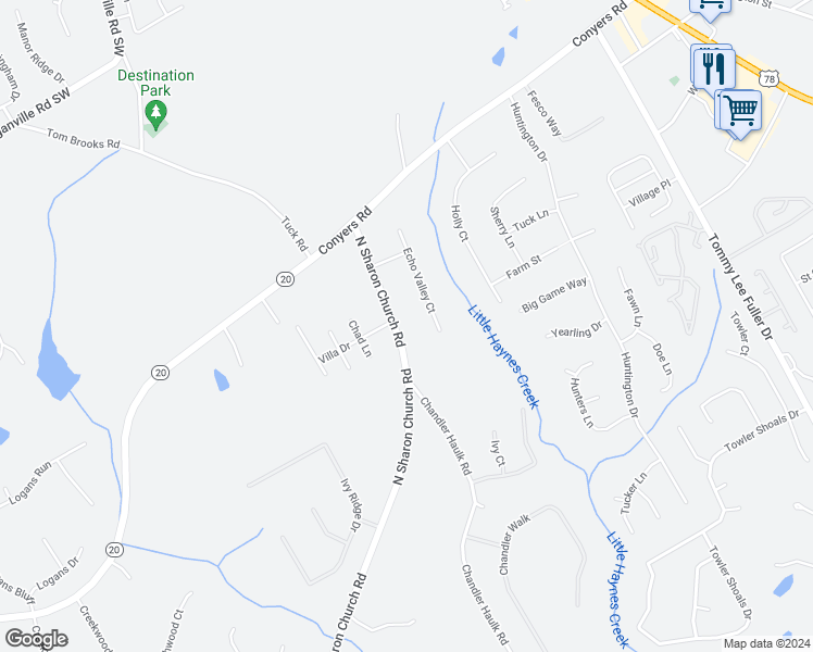 map of restaurants, bars, coffee shops, grocery stores, and more near 140 North Sharon Church Road in Loganville